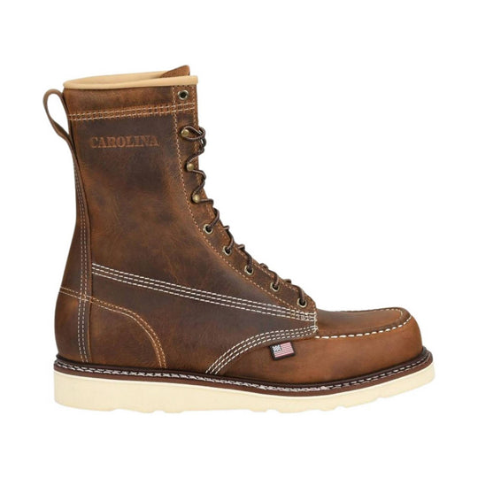 Brown leather lace-up work boot with white stitching and a light wedge sole