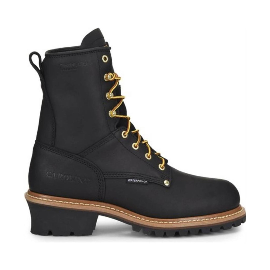 Black lace-up logger boot with gold eyelets, rugged tread, and a waterproof label