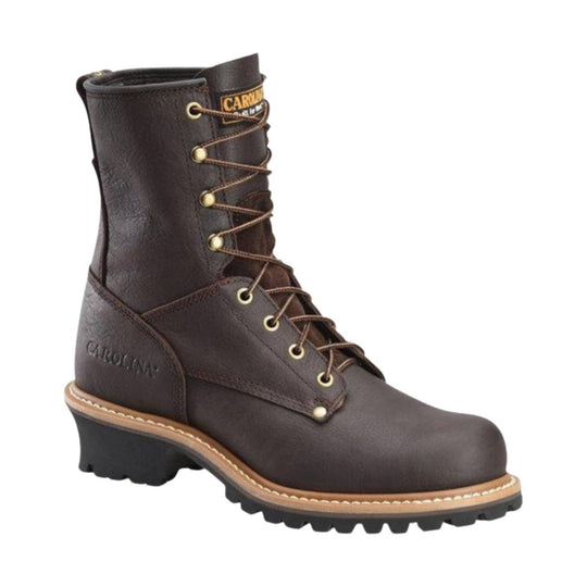 Brown leather lace-up logger work boot with a thick tread sole and metal eyelets