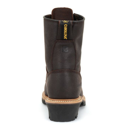 Brown leather pull-on work boot shown from the back