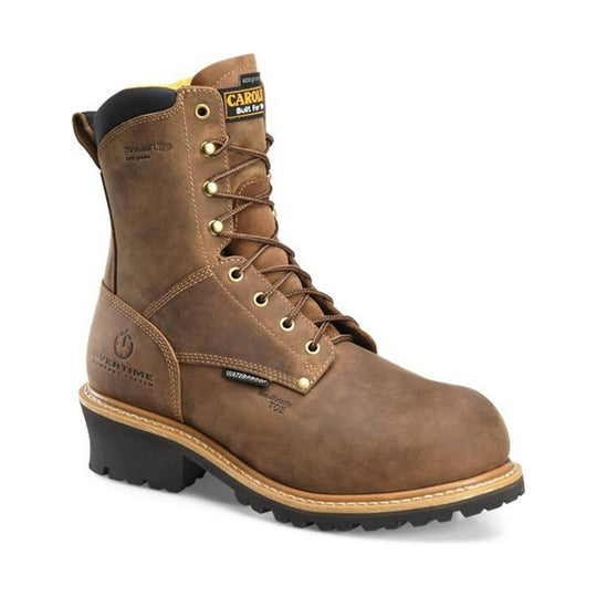 Brown leather lace-up work boot with black padded collar, lug sole, and visible Carolina branding