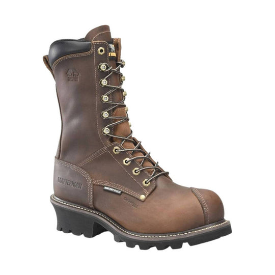 Brown lace-up waterproof work boot with metal eyelets and a black lug sole