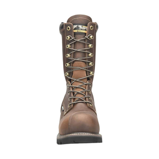 Brown lace-up work boot with metal eyelets, tall shaft, and black tread sole
