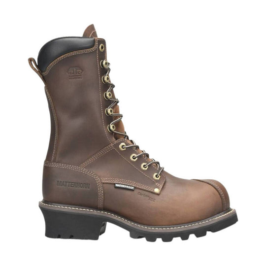 Brown lace-up work boot with a black padded collar, metal eyelets, and a lug sole