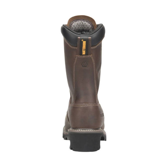 Brown waterproof work boot shown from the back with a black padded collar and vertical MATERHORN pull tab