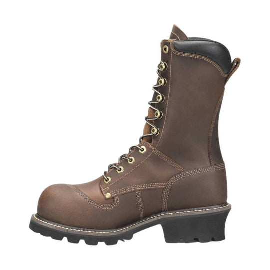 Brown lace-up tall work boot with a black padded collar, steel hardware, and rugged lug sole
