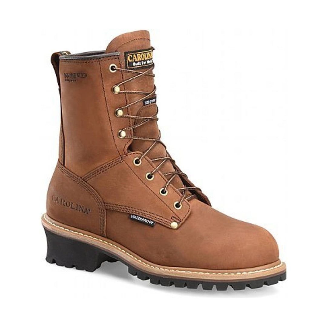 Brown leather lace-up work boot with black lug sole and visible Carolina branding