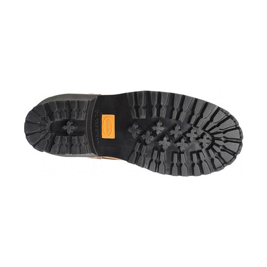 Black lugged work boot sole with orange Carolina insert
