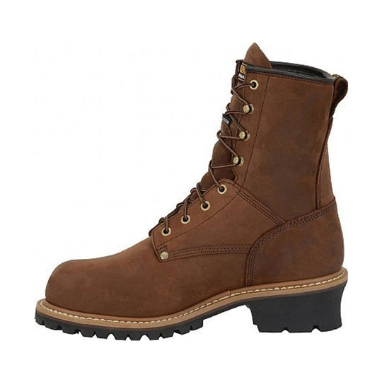 Brown lace-up work boot with black lug sole and cushioned ankle shaft