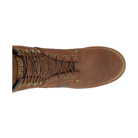 Brown leather lace-up work boot with metal eyelets and a moc toe, shown from above