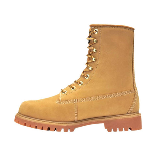 Tan lace-up work boot with a padded collar, metal eyelets, and lug sole