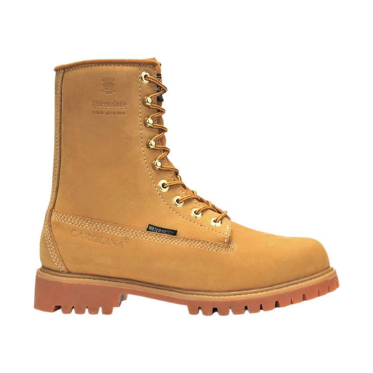 Tan lace-up work boot with waterproof label, metal eyelets, and lugged outsole