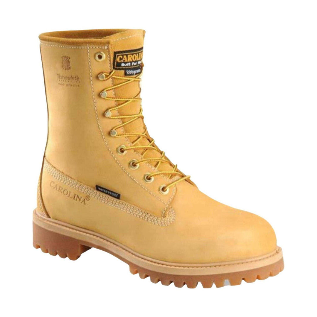 Tan lace-up work boot with a rugged tread sole and visible Carolina, Waterproof, and Thinsulate markings