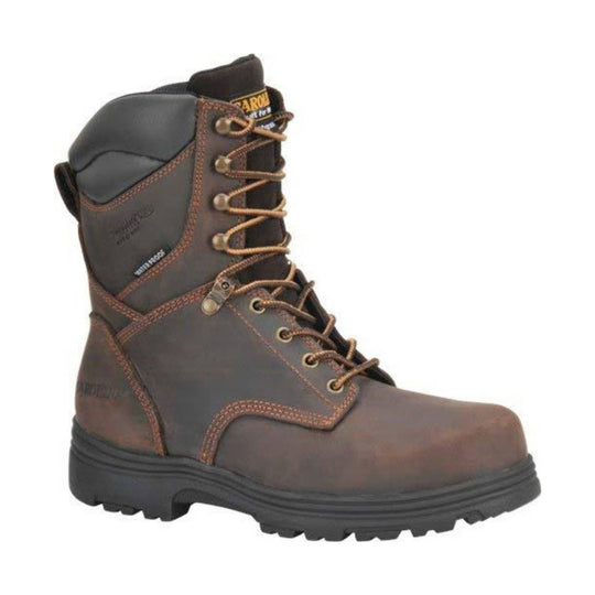 Brown leather lace-up work boot with black padded collar and treaded sole