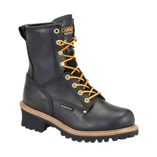 Black leather lace-up logger work boot with yellow laces and rugged treaded sole
