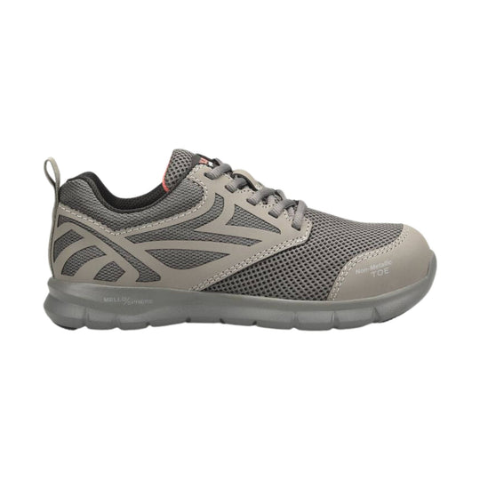 Gray mesh work sneaker with laces, synthetic overlays, and a rounded composite toe.