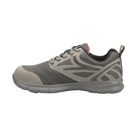 Gray athletic work shoe with mesh upper, synthetic overlays, lace-up closure, and thick rubber sole