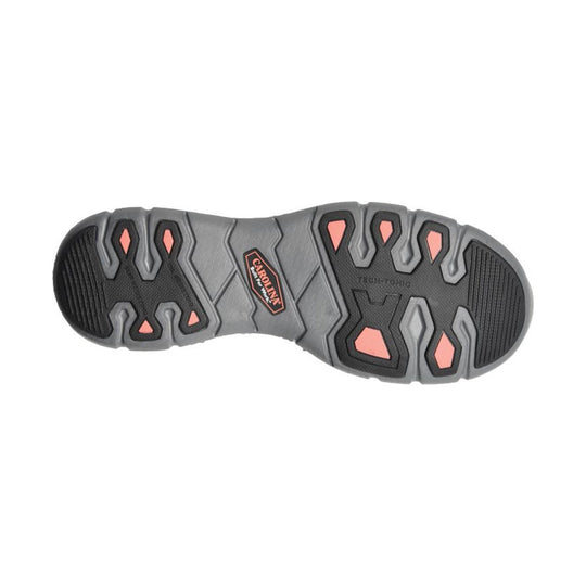 Gray work shoe outsole with black tread and coral traction inserts, shown from below.