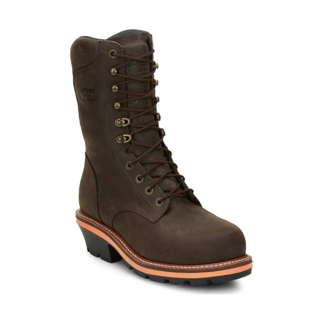Tall brown lace-up logger boot with metal eyelets, lug sole, and orange welt trim