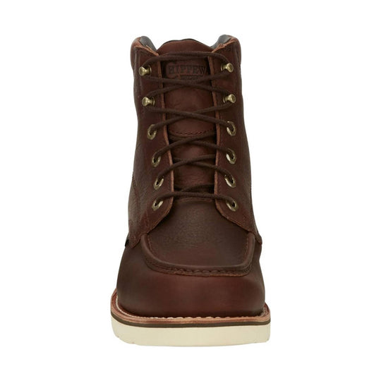 Brown leather lace-up work boot with metal eyelets and cream-colored sole, front view