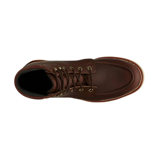 Brown leather lace-up moc toe work boot, top view