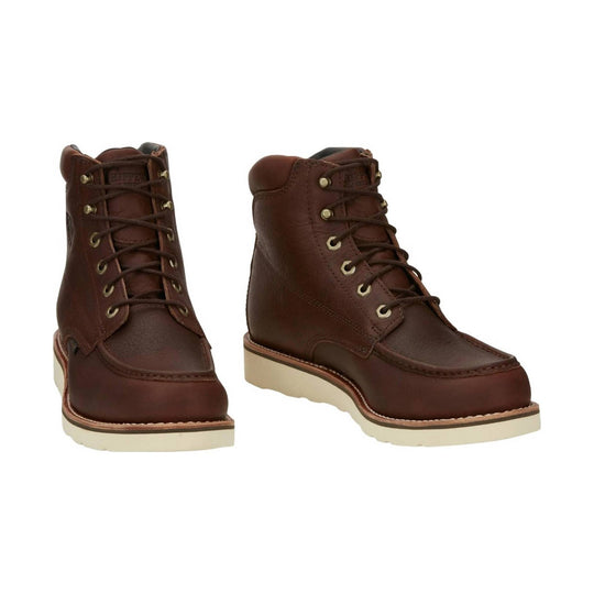 Brown leather lace-up work boots with cream wedge soles, shown in front and side views