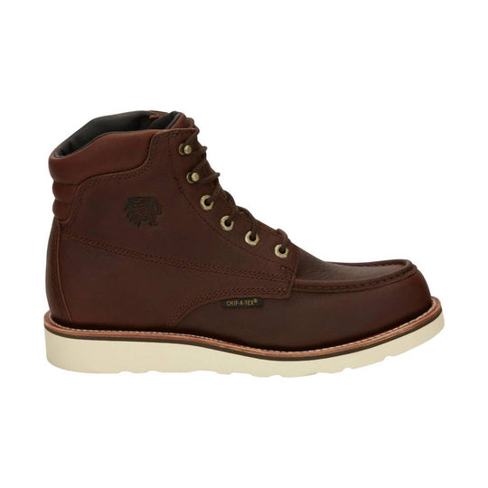 Brown leather lace-up work boot with cream sole and padded ankle collar