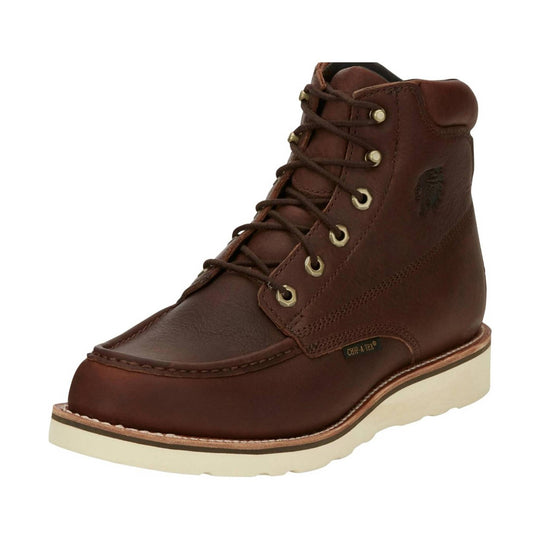 Brown leather lace-up work boot with a cream wedge sole and visible Chip-A-TEX tag
