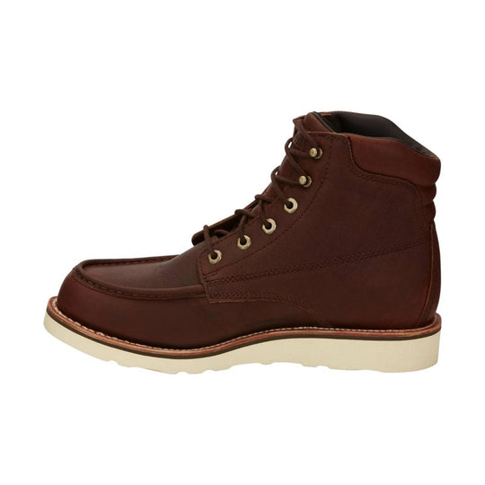 Brown lace-up work boot with a moc toe, metal eyelets, and a light-colored wedge sole