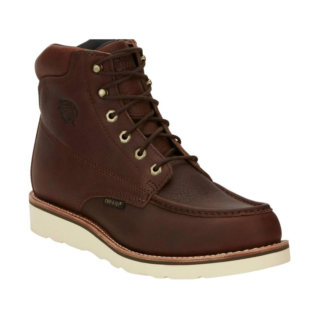 Brown lace-up leather work boot with a cream wedge sole