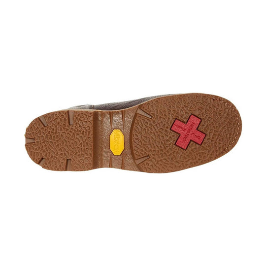 Boot outsole with brown textured tread, yellow Vibram insert, and red cross logo