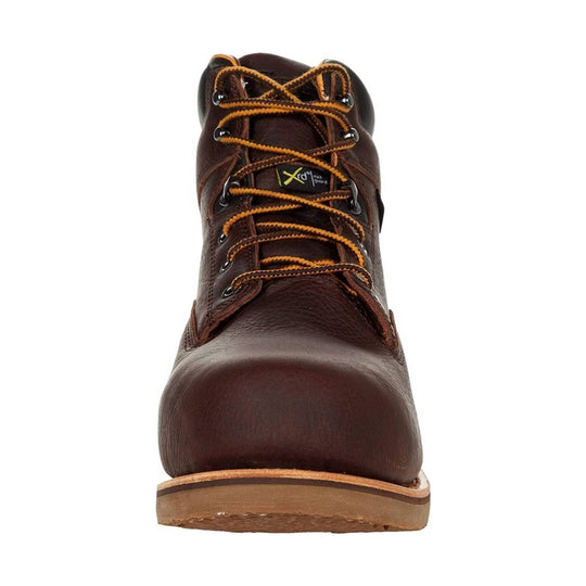 Brown leather lace-up work boot shown from the front