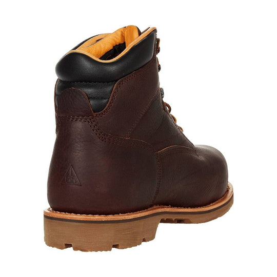 Brown leather work boot with black padded collar and tan lug sole, rear view