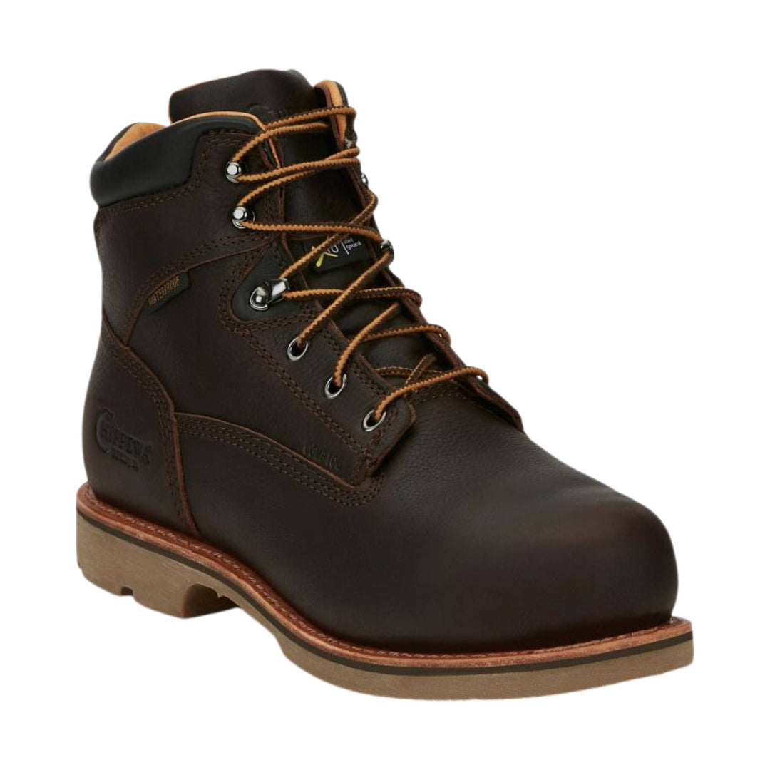 Dark brown leather work boot with tan laces, padded collar, and thick lug sole