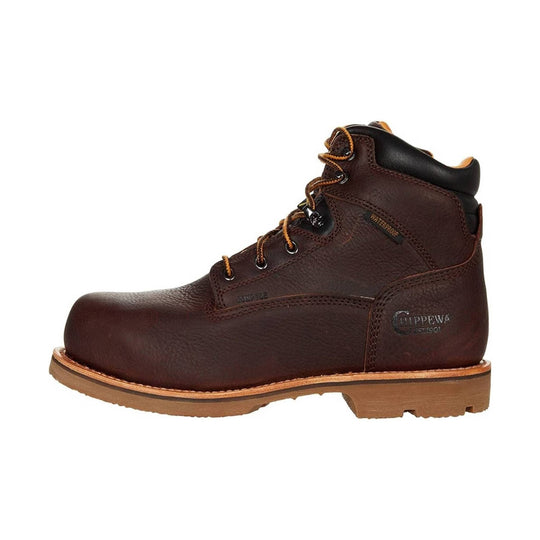 Brown leather lace-up work boot with black padded collar and visible waterproof tag