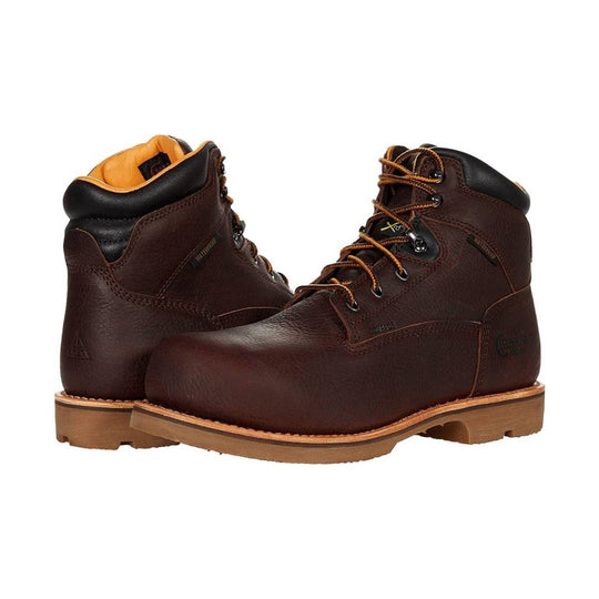 Brown leather lace-up work boots with tan soles and padded black collars
