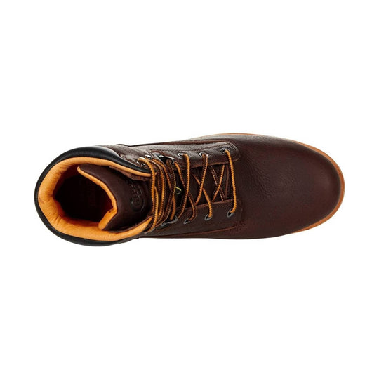 Brown leather lace-up work boot with tan padded collar, top view