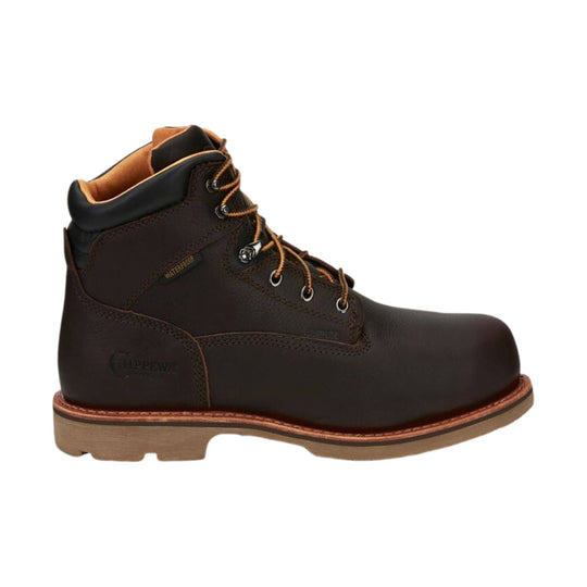 Brown lace-up work boot with padded collar, metal eyelets, and lug sole