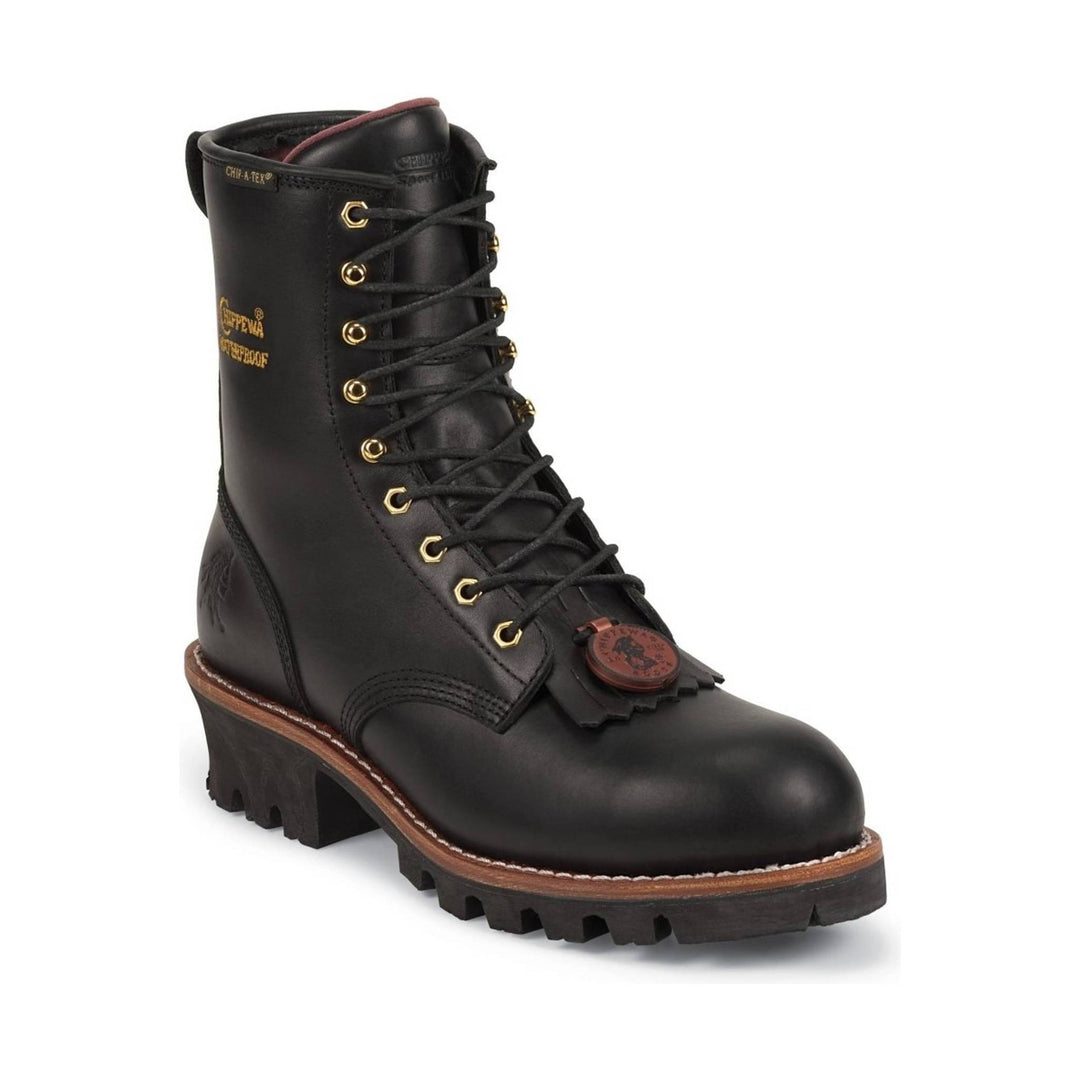 Black lace-up logger boot with gold eyelets, thick lug sole, and CHIP-A-TEX text