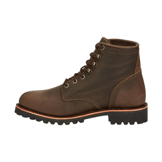 Brown lace-up work boot with chunky tread sole