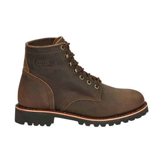 Brown leather lace-up work boot with a black lug sole and metal eyelets