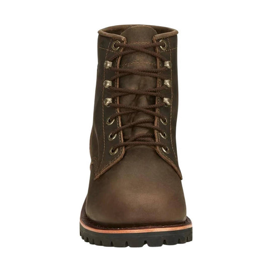 Brown leather lace-up work boot with metal eyelets and lug sole, front view