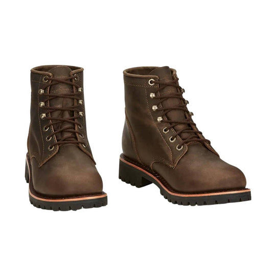 Brown lace-up leather work boots with lug soles