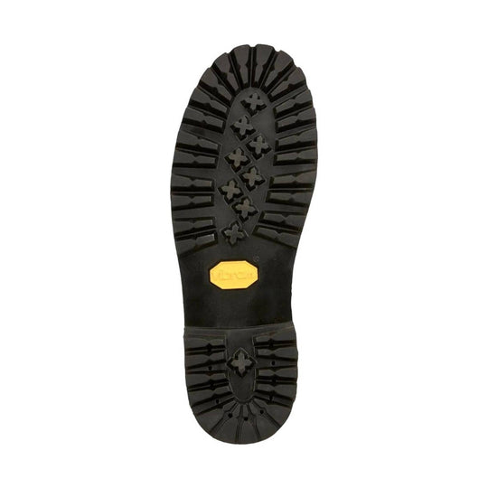 Black lugged boot outsole with yellow logo insert
