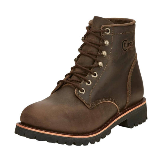 Brown leather lace-up work boot with metal eyelets, thick tread sole, and visible Chippewa logo