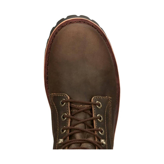 Brown leather lace-up work boot viewed from above