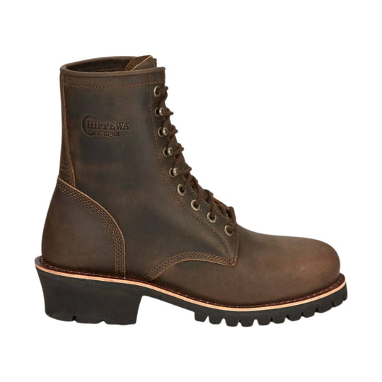 Brown leather lace-up logger boot with steel toe and lug sole