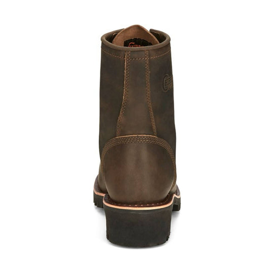 Brown leather work boot shown from the back, with a thick lug sole and stitched heel counter.