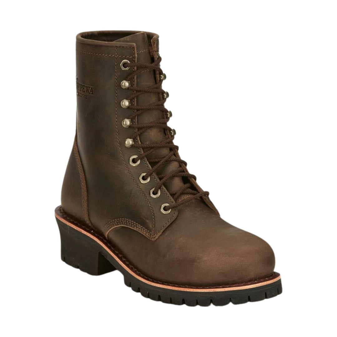 Brown leather lace-up work boot with metal eyelets, pull tab, and lug sole.