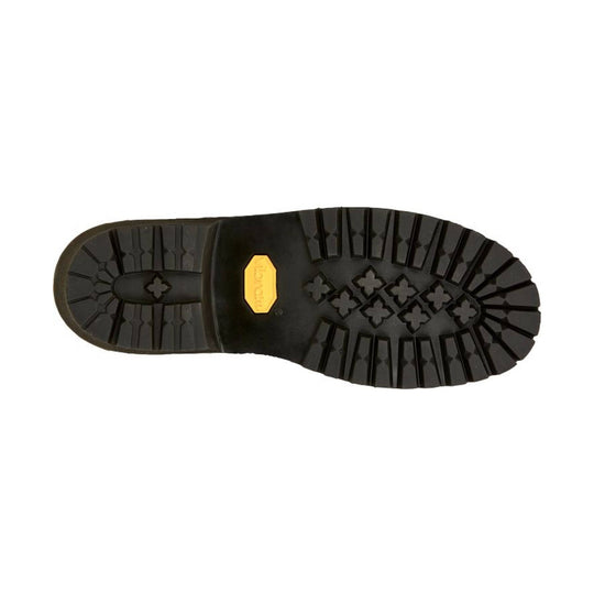Black lugged work boot outsole with a yellow heel logo